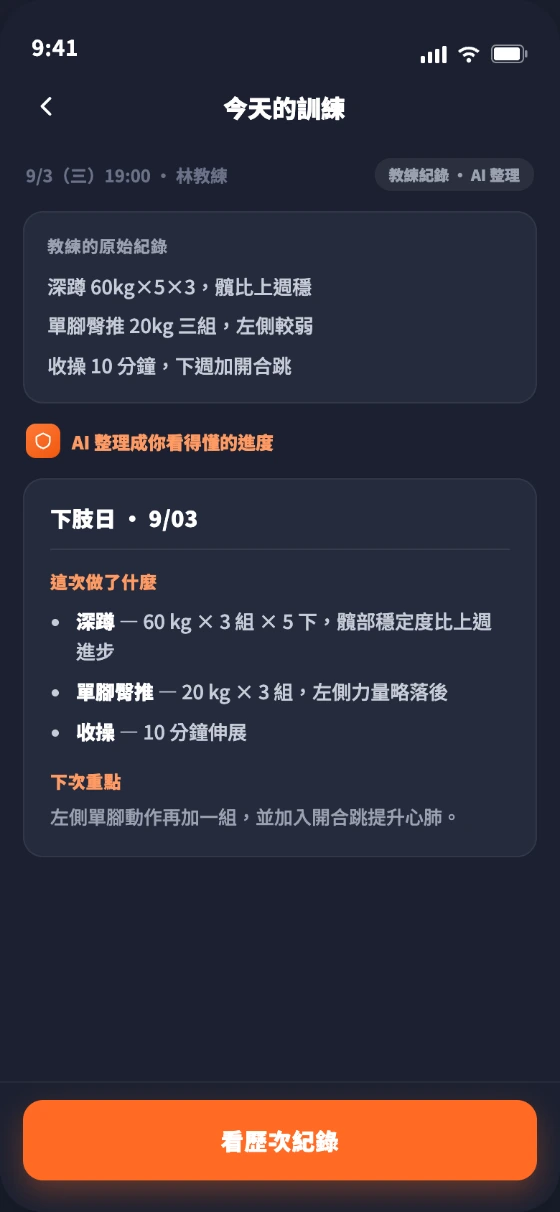 學生端・今天的訓練:教練原始紀錄+AI 整理的進度